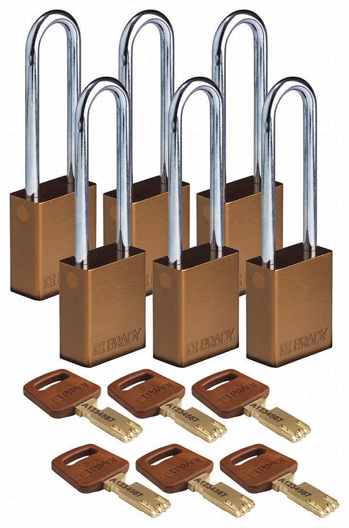 Lockout Padlock: Keyed Alike, Aluminum, Std Body Body Size, Steel, Extended, Brown, Aluminum