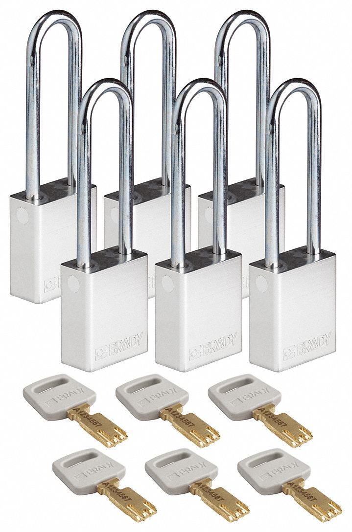 Lockout Padlock: Keyed Alike, Aluminum, Std Body Body Size, Steel, Extended, Silver, Aluminum