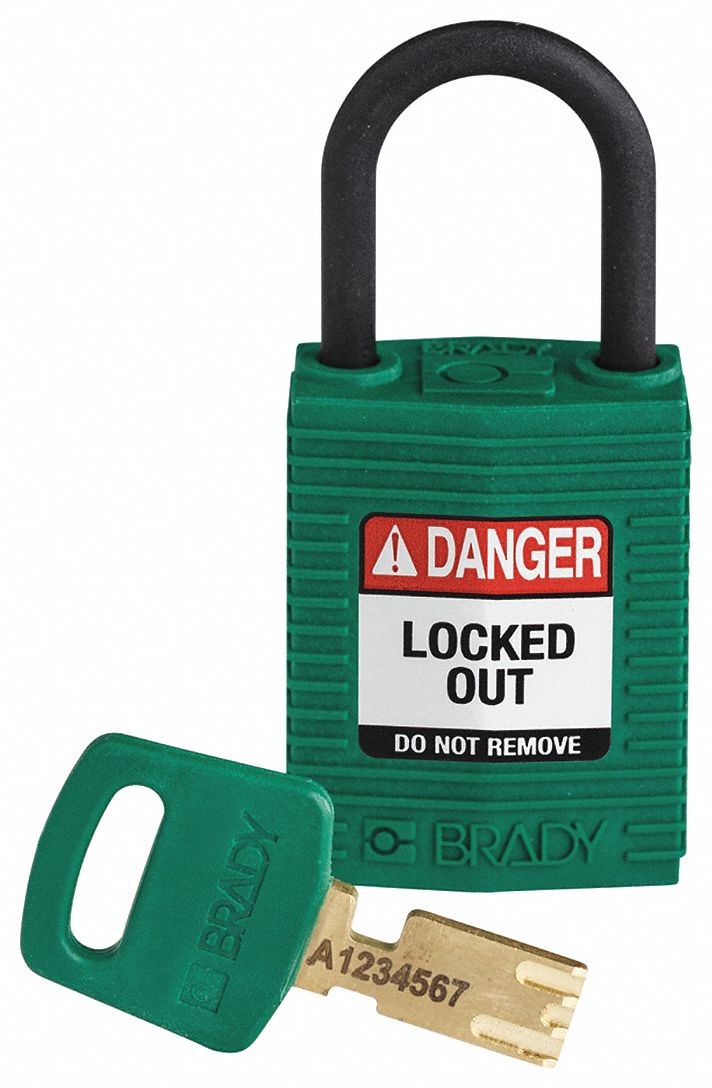 Lockout Padlock: Keyed Different, Nylon, Compact Body Body Size, Plastic, Std, Green, Plastic