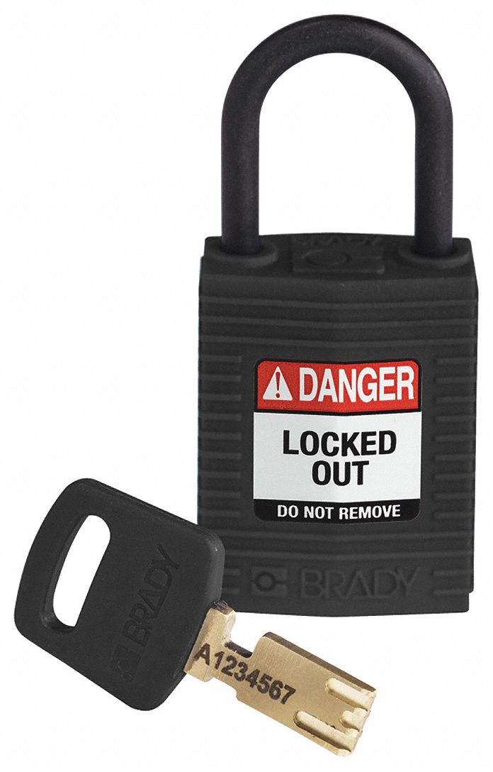 Lockout Padlock: Keyed Different, Nylon, Compact Body Body Size, Plastic, Std, Black, Plastic