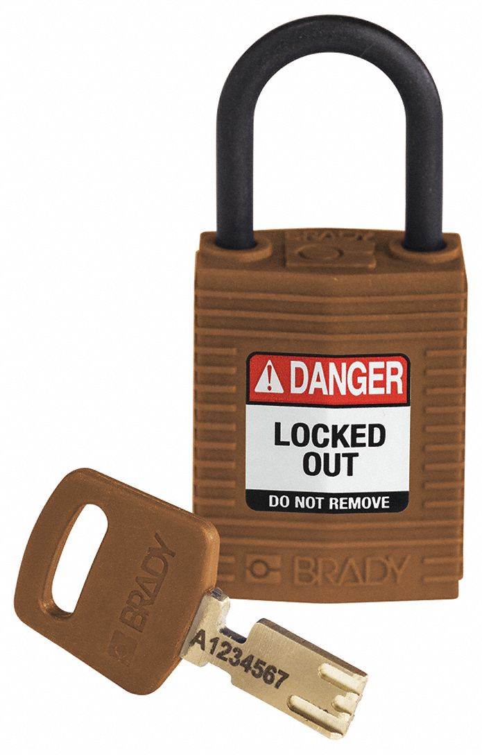 Lockout Padlock: Keyed Different, Nylon, Compact Body Body Size, Plastic, Std, Brown, Plastic