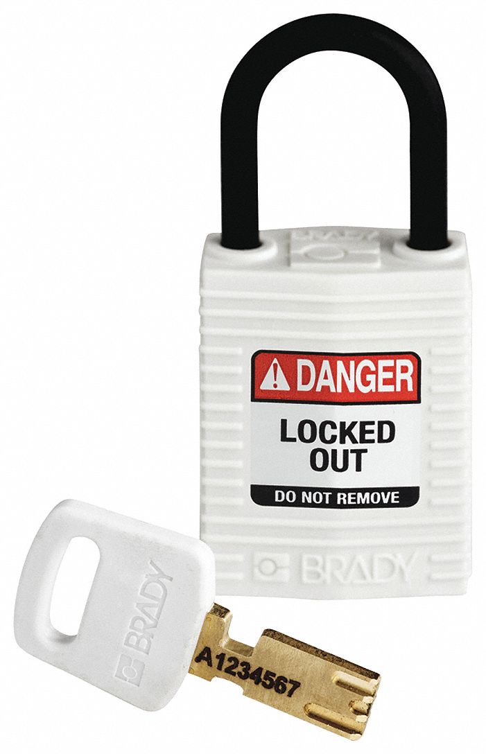 Lockout Padlock: Keyed Different, Nylon, Compact Body Body Size, Plastic, Std, White, Plastic