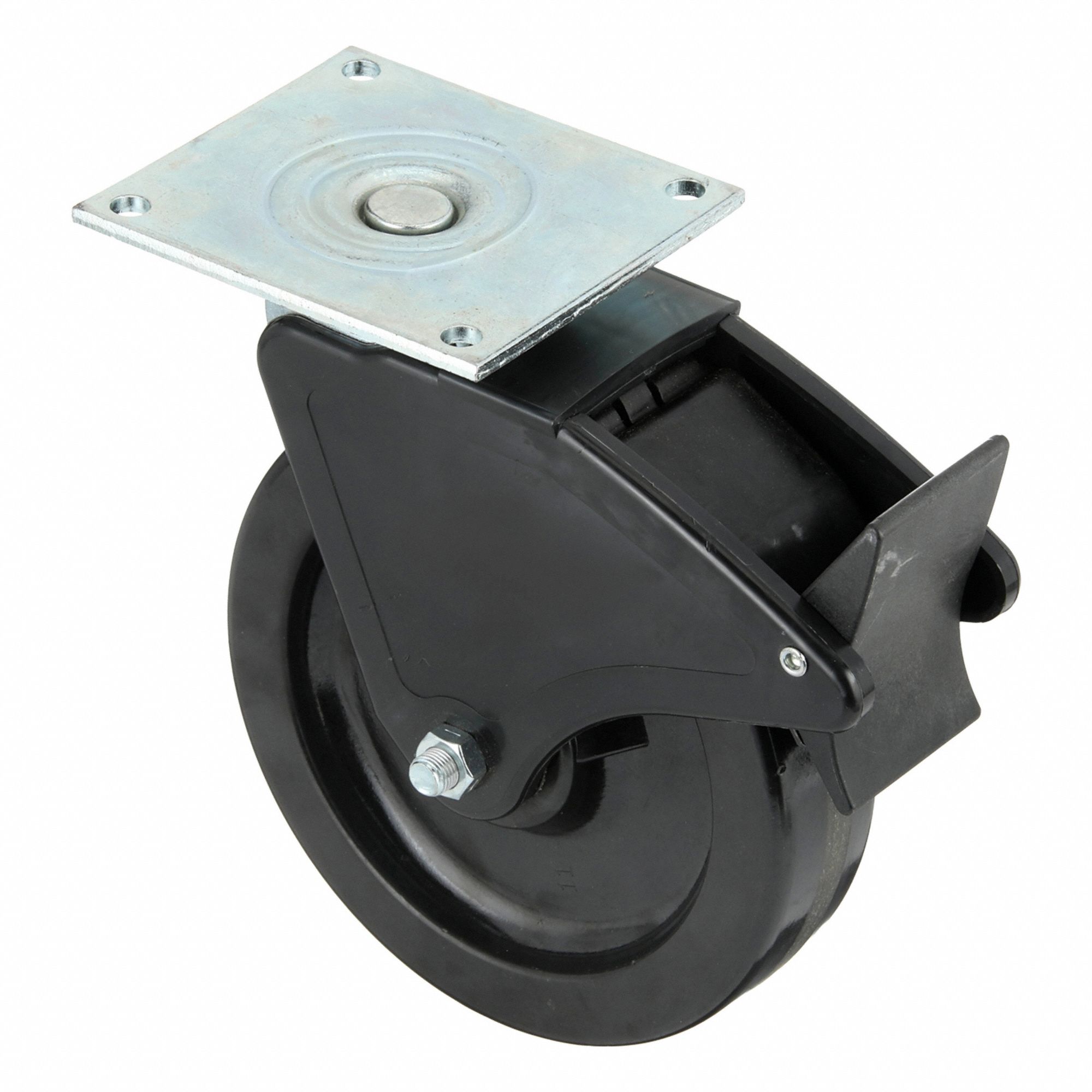 Plate Caster: Swivel, Total Lock, Phenolic, 8 in Wheel Dia, 2 in Wheel Wd, Hole