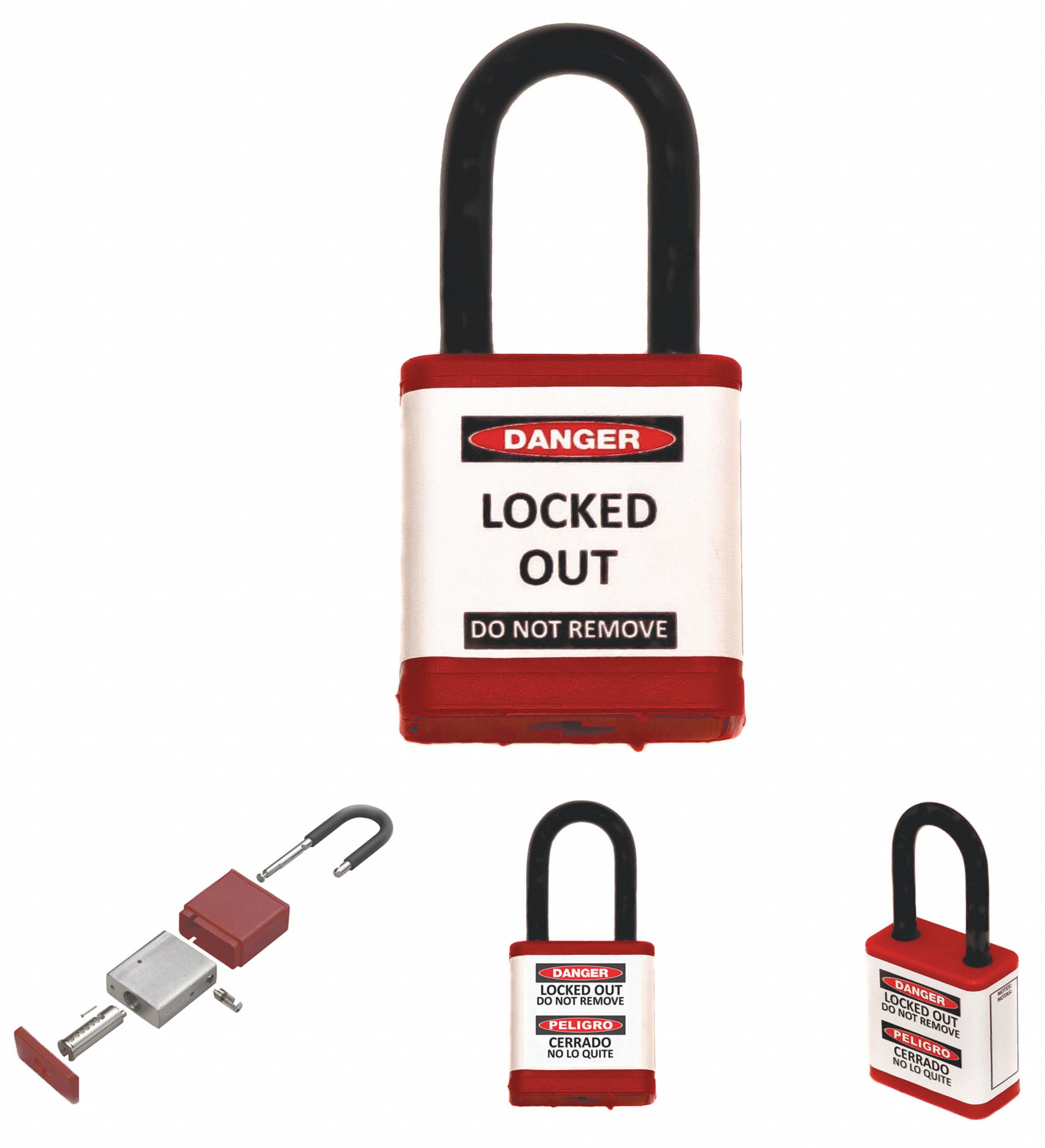 Lockout Padlock: Keyed Different, Aluminum, Std Body Body Size, Hardened Steel, Std, Red, ZING