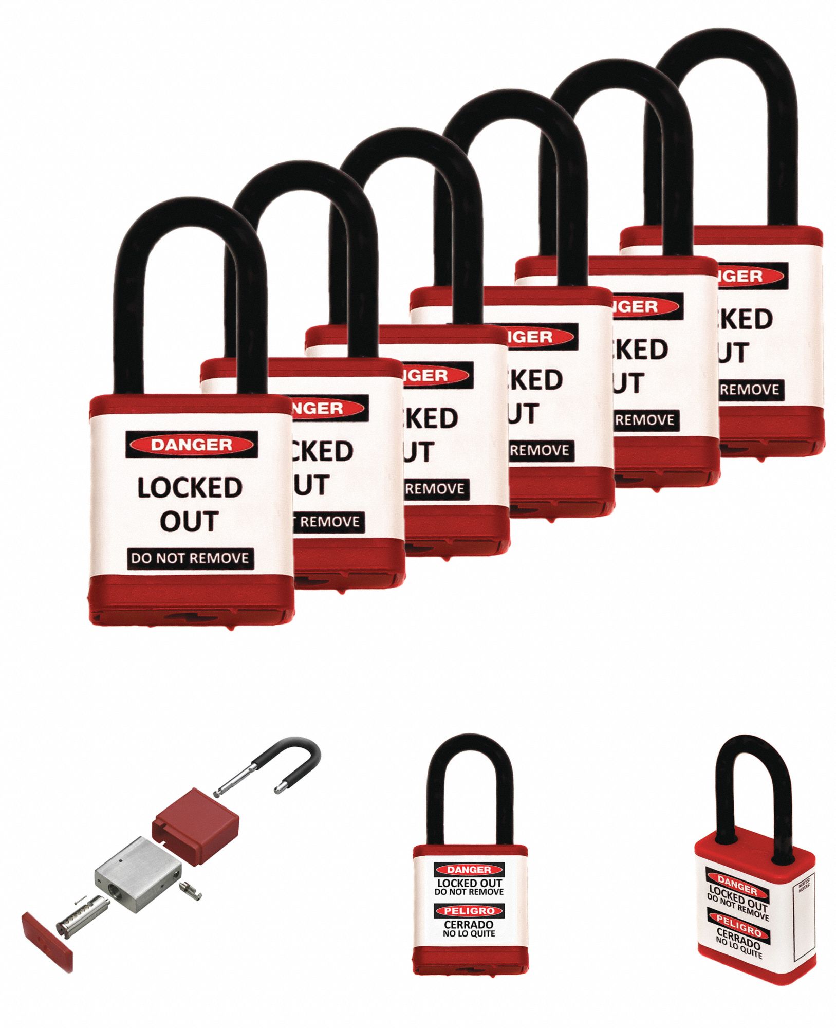 Lockout Padlock: Keyed Different, Aluminum, Std Body Body Size, Hardened Steel, Std, Red, ZING