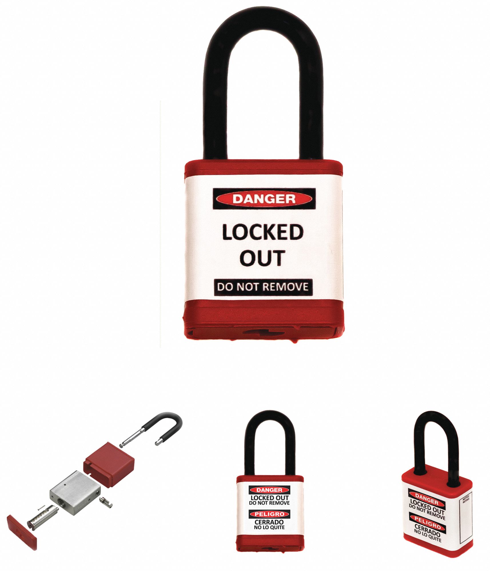 Lockout Padlock: Keyed Alike, Aluminum, Std Body Body Size, Hardened Steel, Std, Red, Plastic