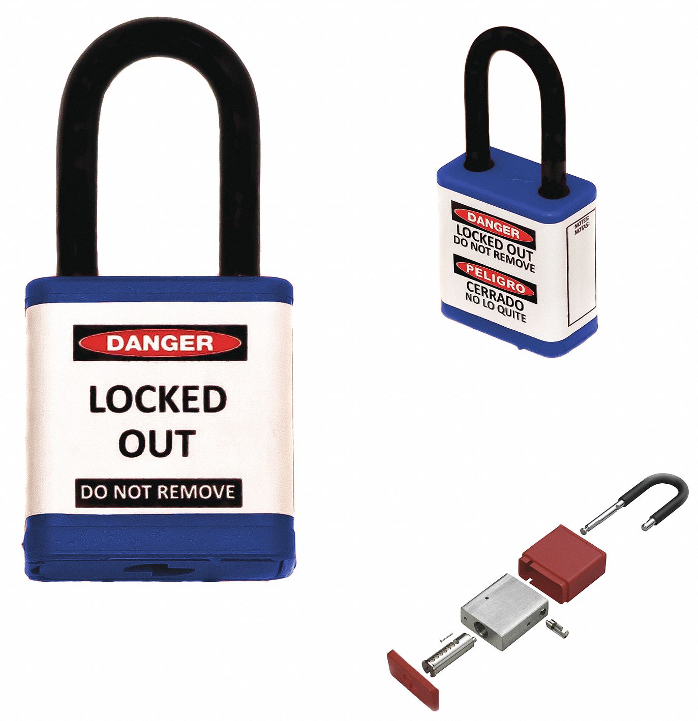 Lockout Padlock: Keyed Alike, Aluminum, Std Body Body Size, Hardened Steel, Std, Blue, Plastic