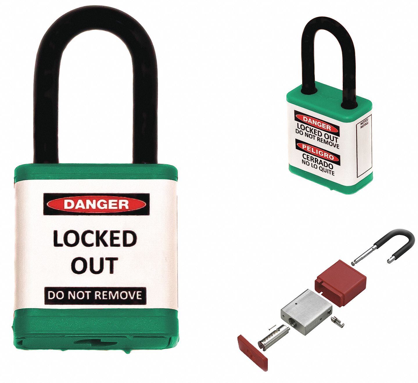 Lockout Padlock: Keyed Alike, Aluminum, Std Body Body Size, Hardened Steel, Std, Green, Plastic