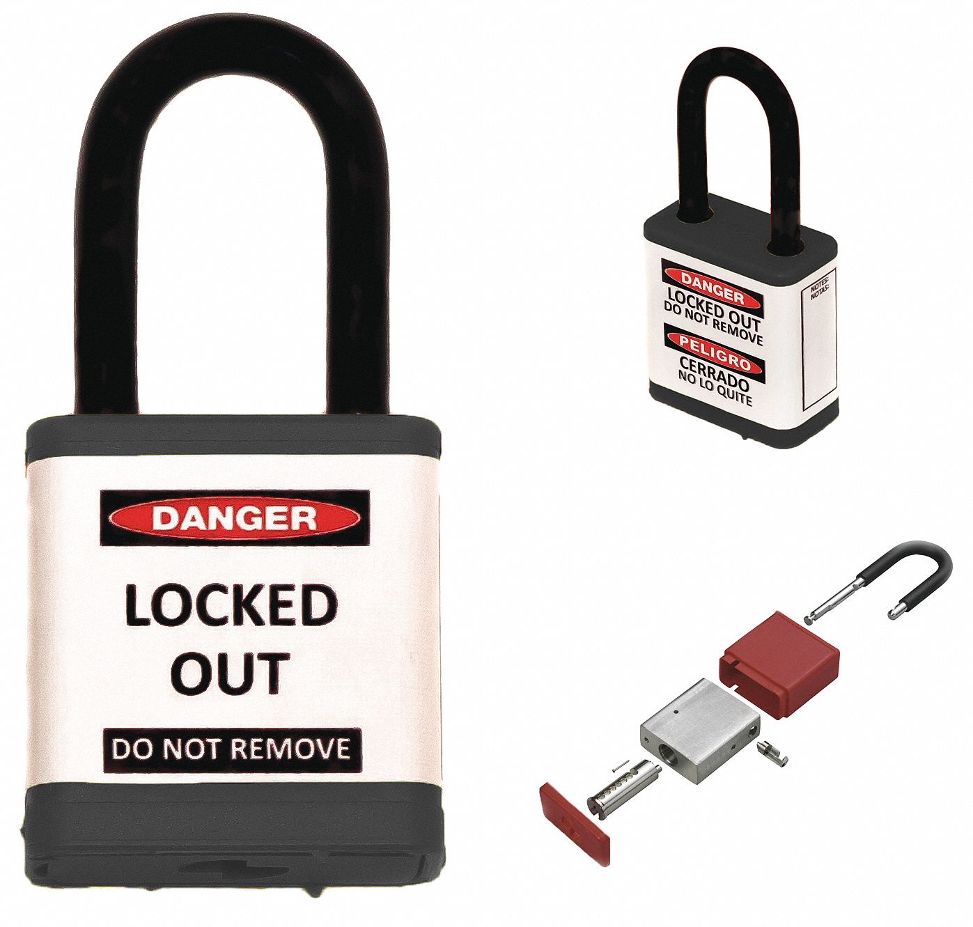 Lockout Padlock: Keyed Alike, Aluminum, Std Body Body Size, Hardened Steel, Std, Black, Plastic