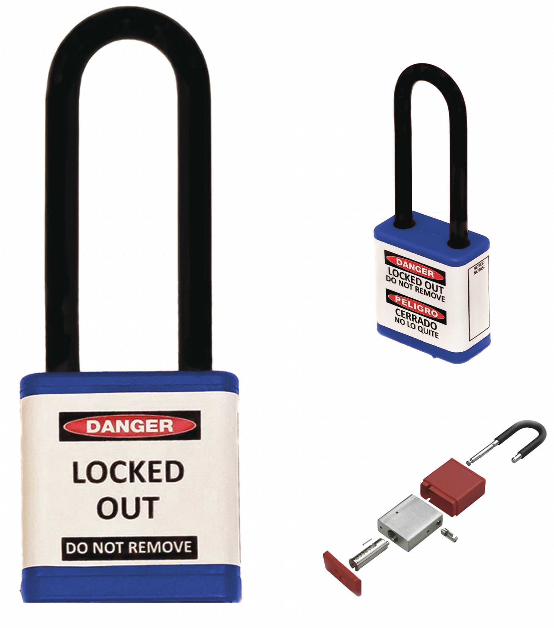 Lockout Padlock: Keyed Alike, Aluminum, Std Body Body Size, Hardened Steel, Extended, Blue