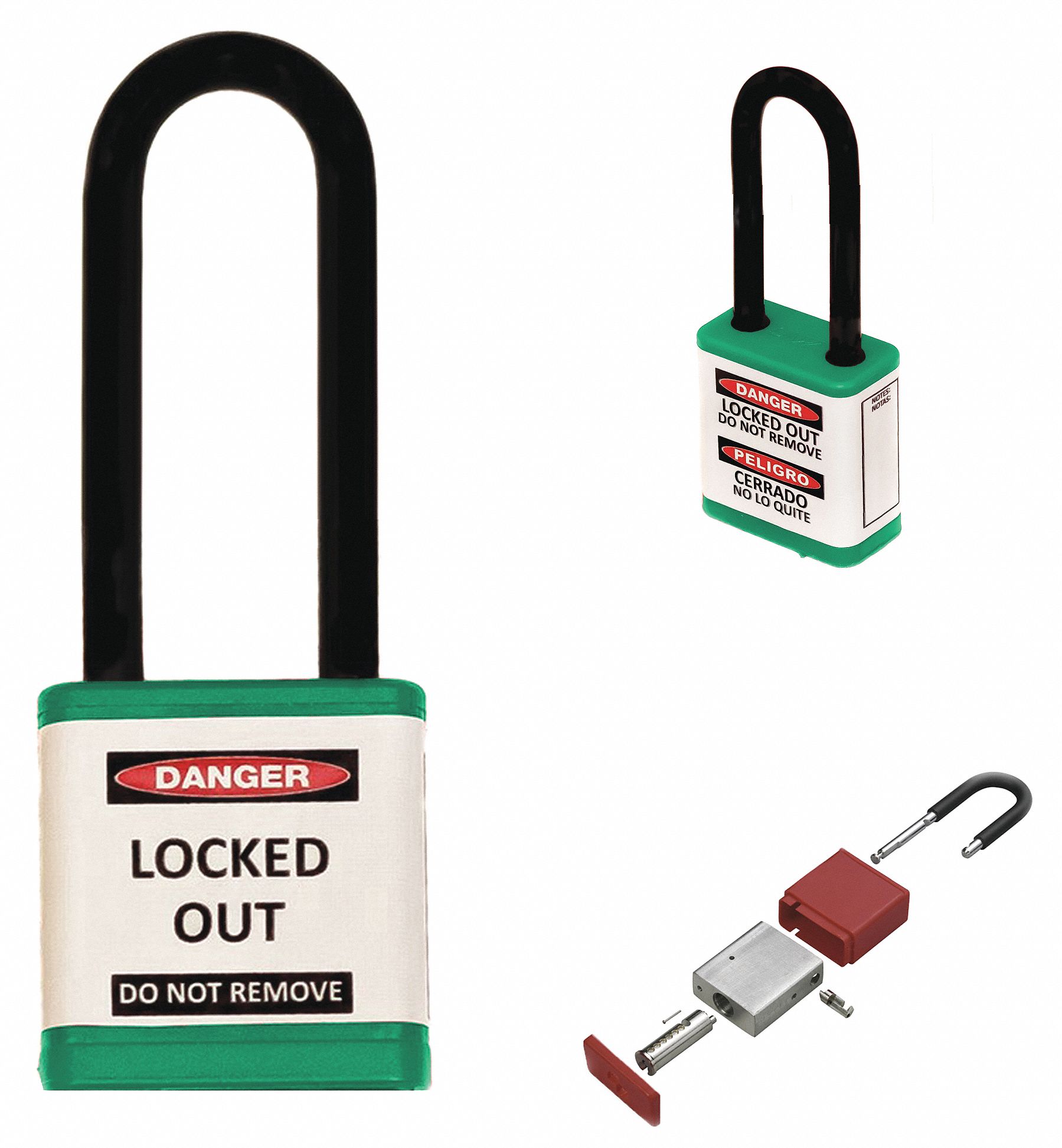 Lockout Padlock: Keyed Alike, Aluminum, Std Body Body Size, Hardened Steel, Extended, Green
