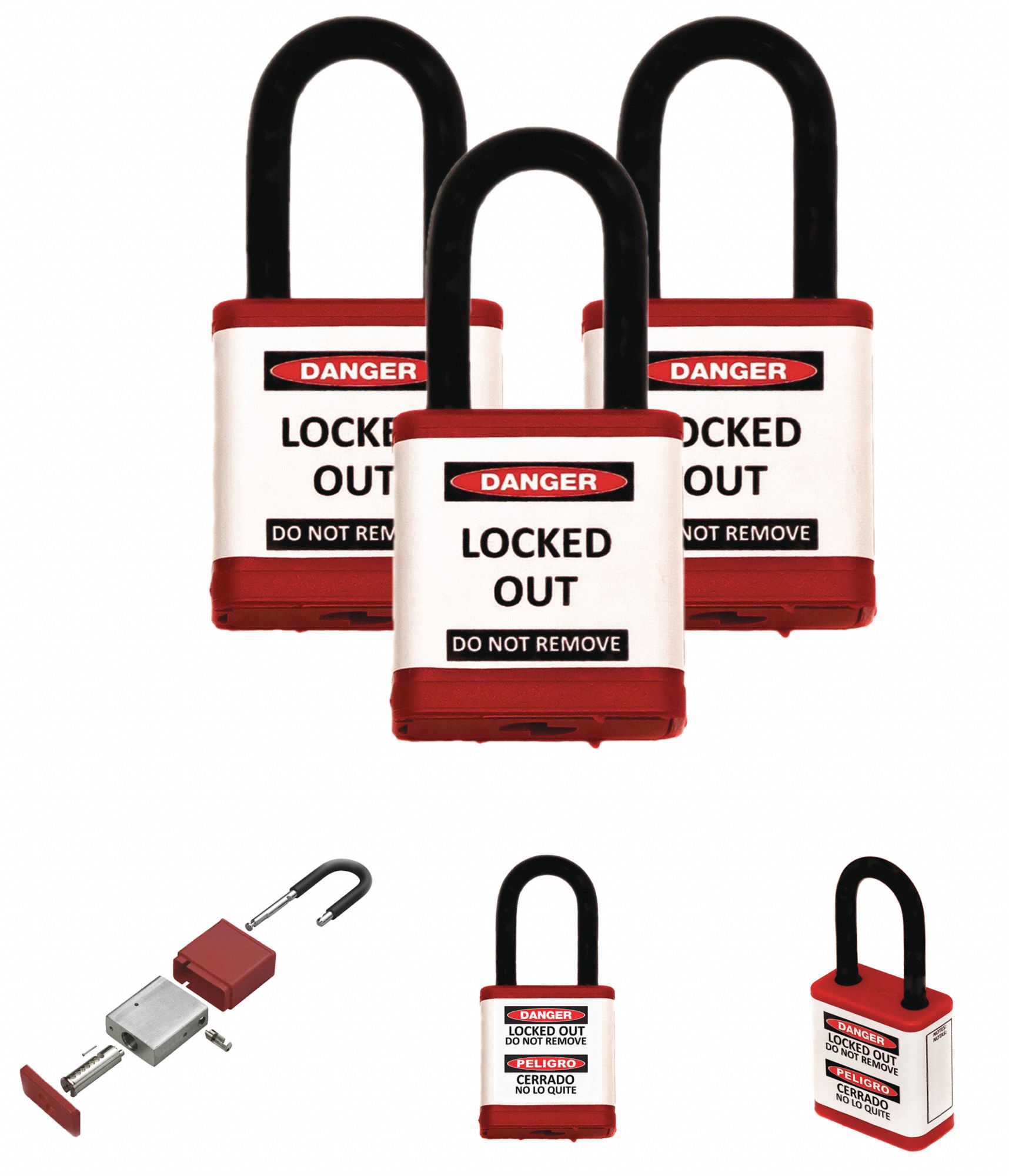 Lockout Padlock: Keyed Alike, Aluminum, Std Body Body Size, Hardened Steel, Std, Red, Plastic