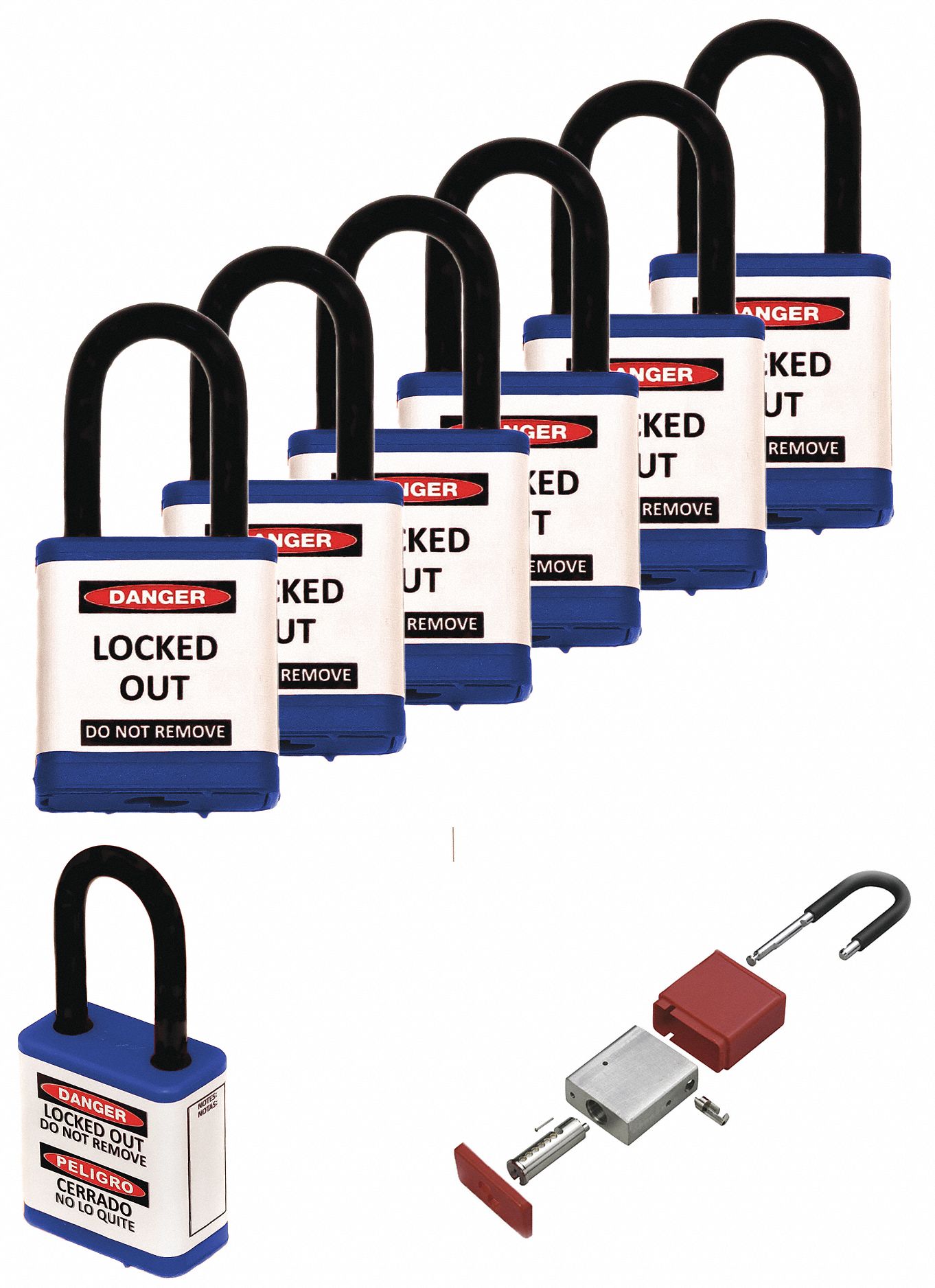 Lockout Padlock: Keyed Alike, Aluminum, Std Body Body Size, Hardened Steel, Std, Blue, Plastic