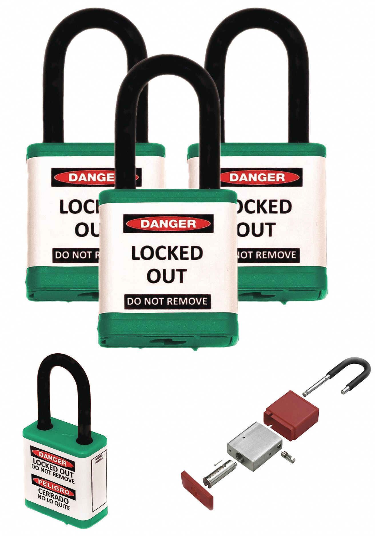 Lockout Padlock: Keyed Alike, Aluminum, Std Body Body Size, Hardened Steel, Std, Green, Plastic
