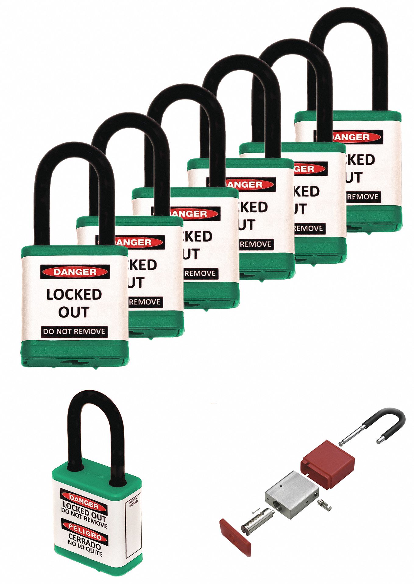 Lockout Padlock: Keyed Alike, Aluminum, Std Body Body Size, Hardened Steel, Std, Green, Plastic