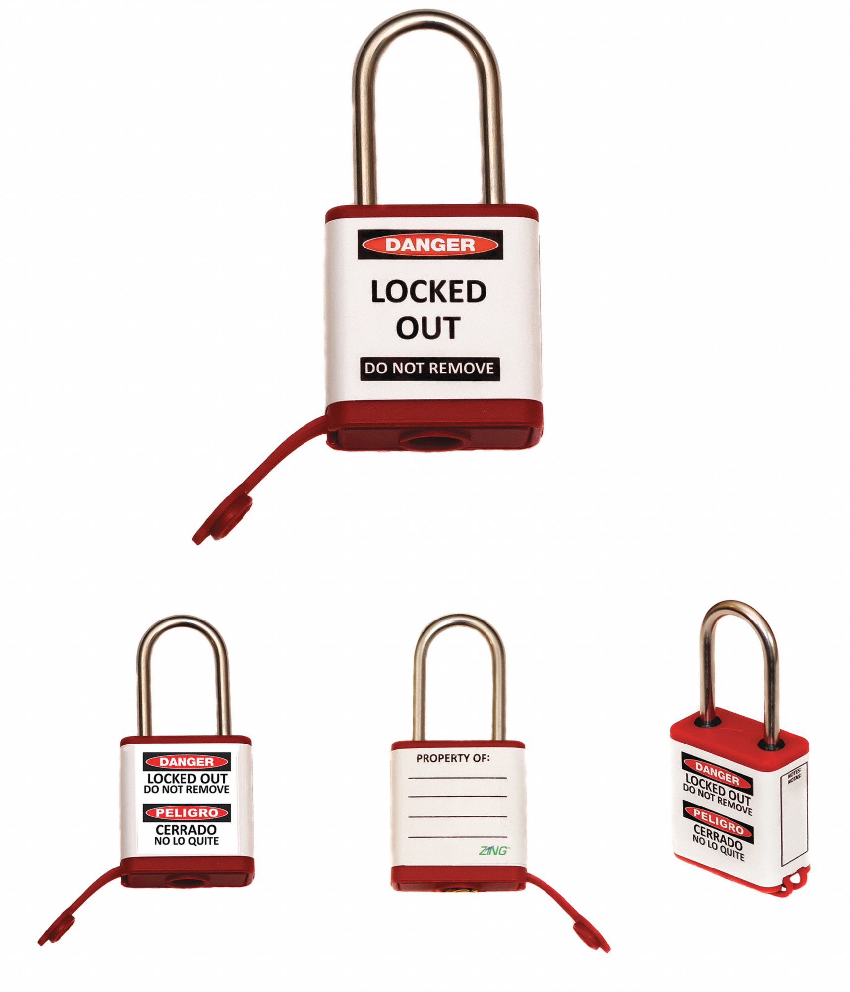Lockout Padlock: Keyed Different, Aluminum, Std Body Body Size, Stainless Steel, Std, Red, ZING
