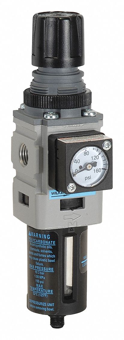 Filter-Regulator: B08 Series, 1/4 in BSPP, 73 cfm, 5 micron, 0 psi to 125 psi, Auto Drain