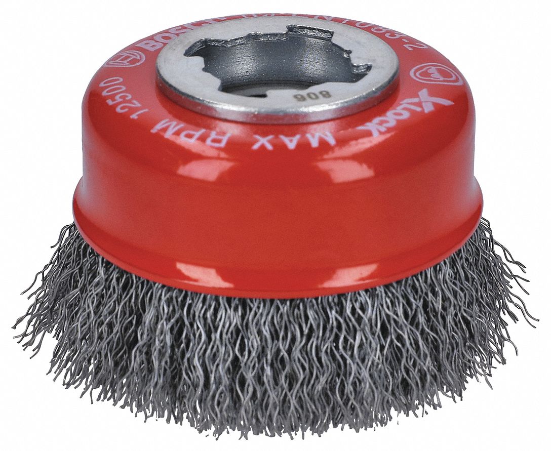 Cup Brush: Crimped Steel, 3 in Dia, 0.012 in Fill Dia, X-Lock Connection Size & Type