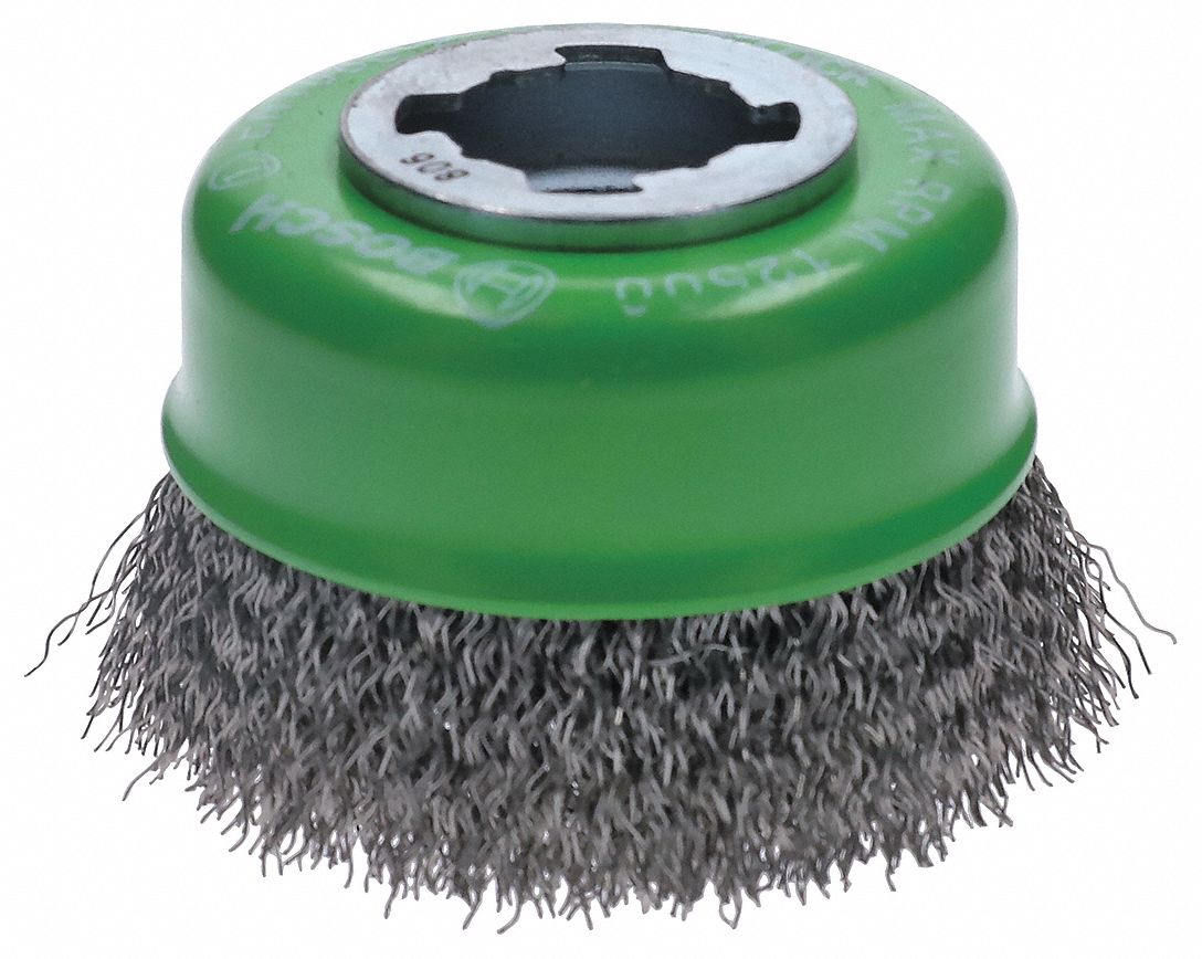 Cup Brush: Crimped Stainless Steel, 3 in Dia, 0.003 in Fill Dia, X-Lock Connection Size & Type