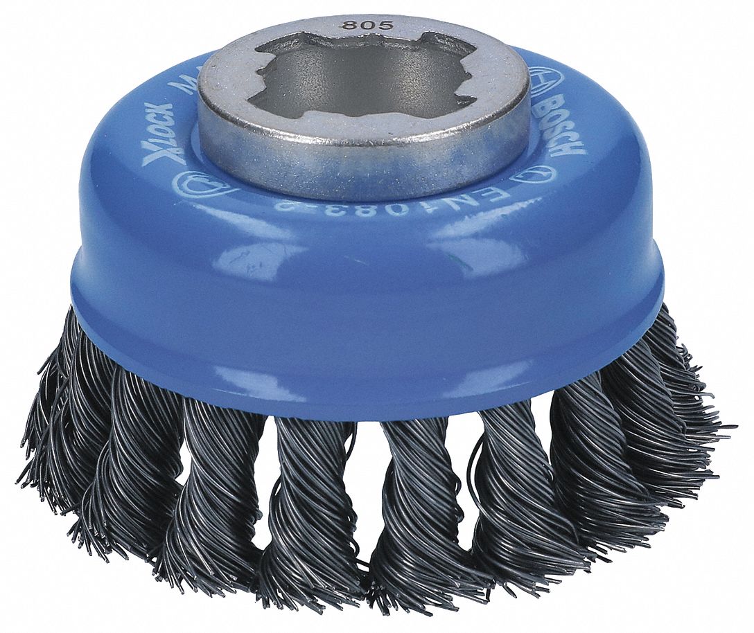 Cup Brush: Twisted Steel, 3 in Dia, 0.002 in Fill Dia, X-Lock Connection Size & Type