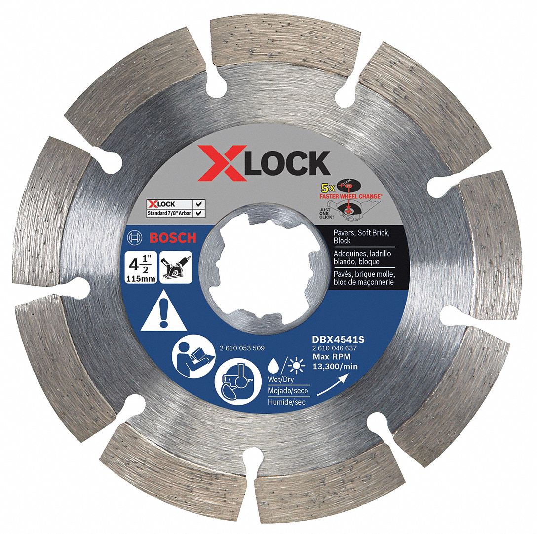 DIAMOND SAW BLADE, SEGMENTED, 4½ IN DIA, ⅞ IN, WET/DRY, 11000 RPM, BRICK/BLOCK