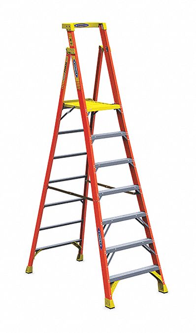 Platform Stepladder: 9 ft Ladder Size, Fiberglass, 300 lb Load Capacity, 38 lb Wt