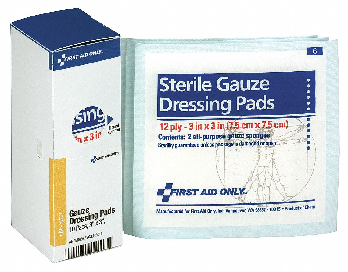 Gauze Pad: 3 in Dressing Lg, 3 in Dressing Wd, Gauze, Sterile, Fastener Not Included