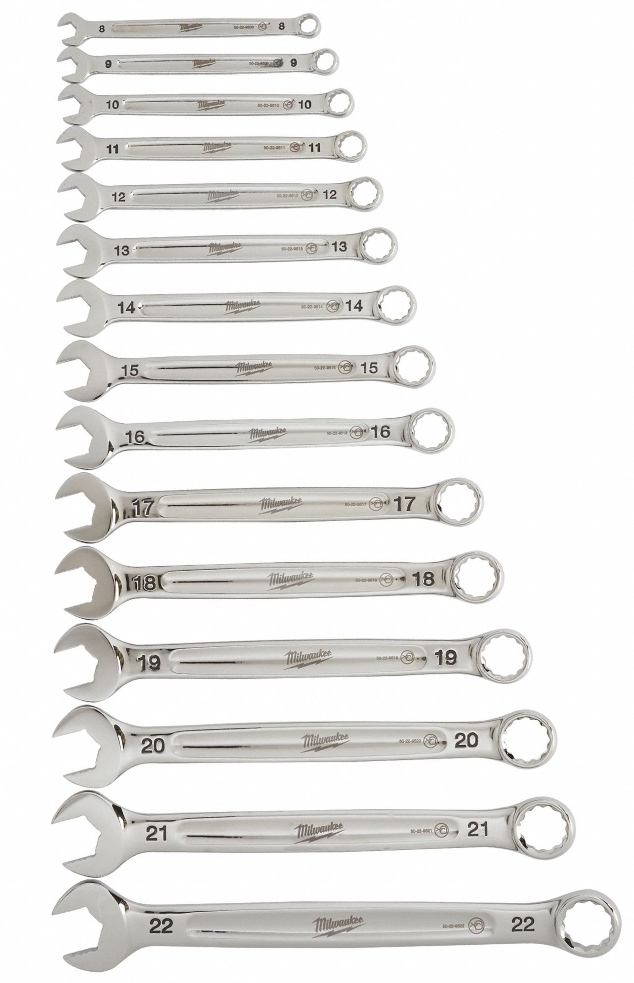 Combination Wrench Set: Alloy Steel, Chrome, 15 Tools, 8 mm to 22 mm Range of Head Sizes