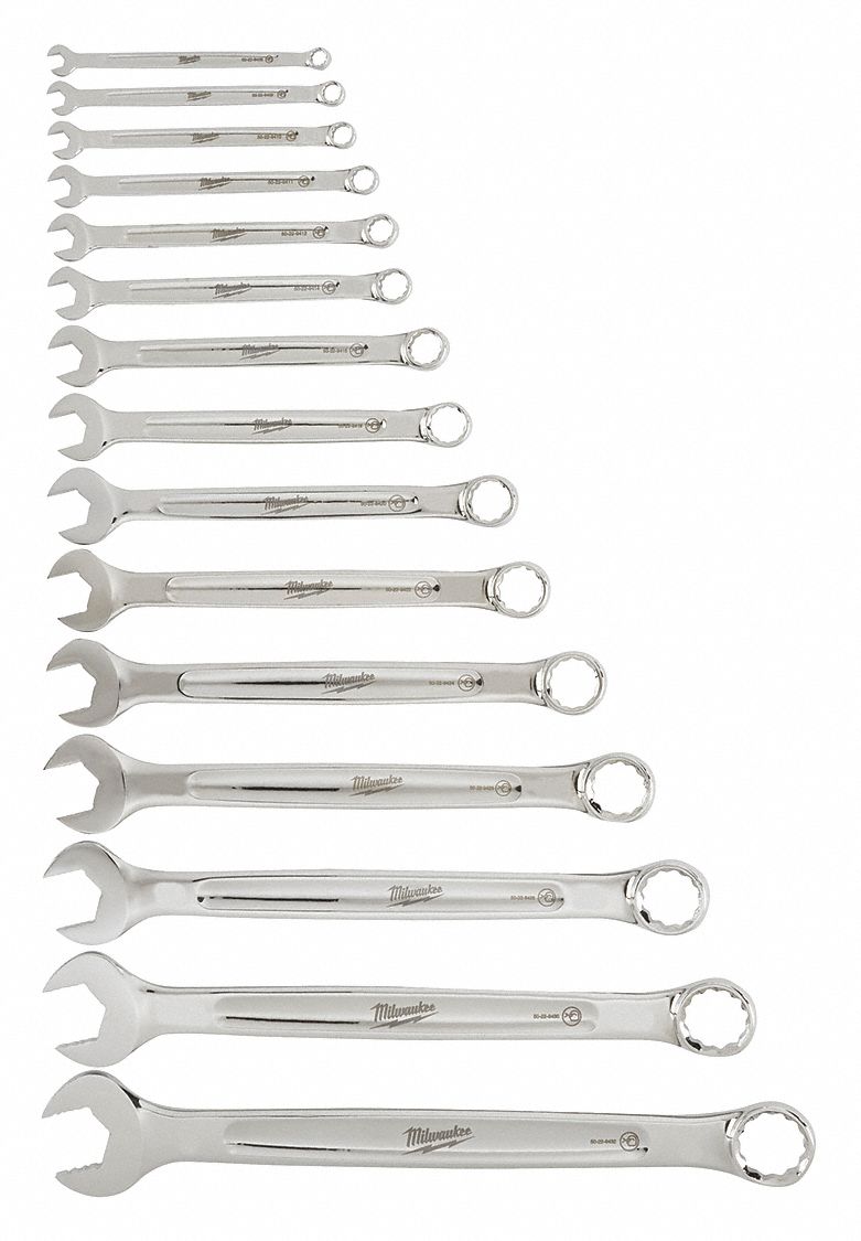 Combination Wrench Set: Alloy Steel, Chrome, 15 Tools, 1/4 in to 1 in Range of Head Sizes