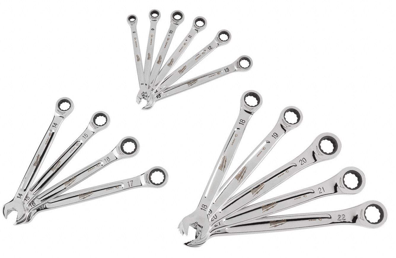 MILWAUKEE Combination Wrench Set: Alloy Steel, Chrome, 15 Tools, 8 mm ...