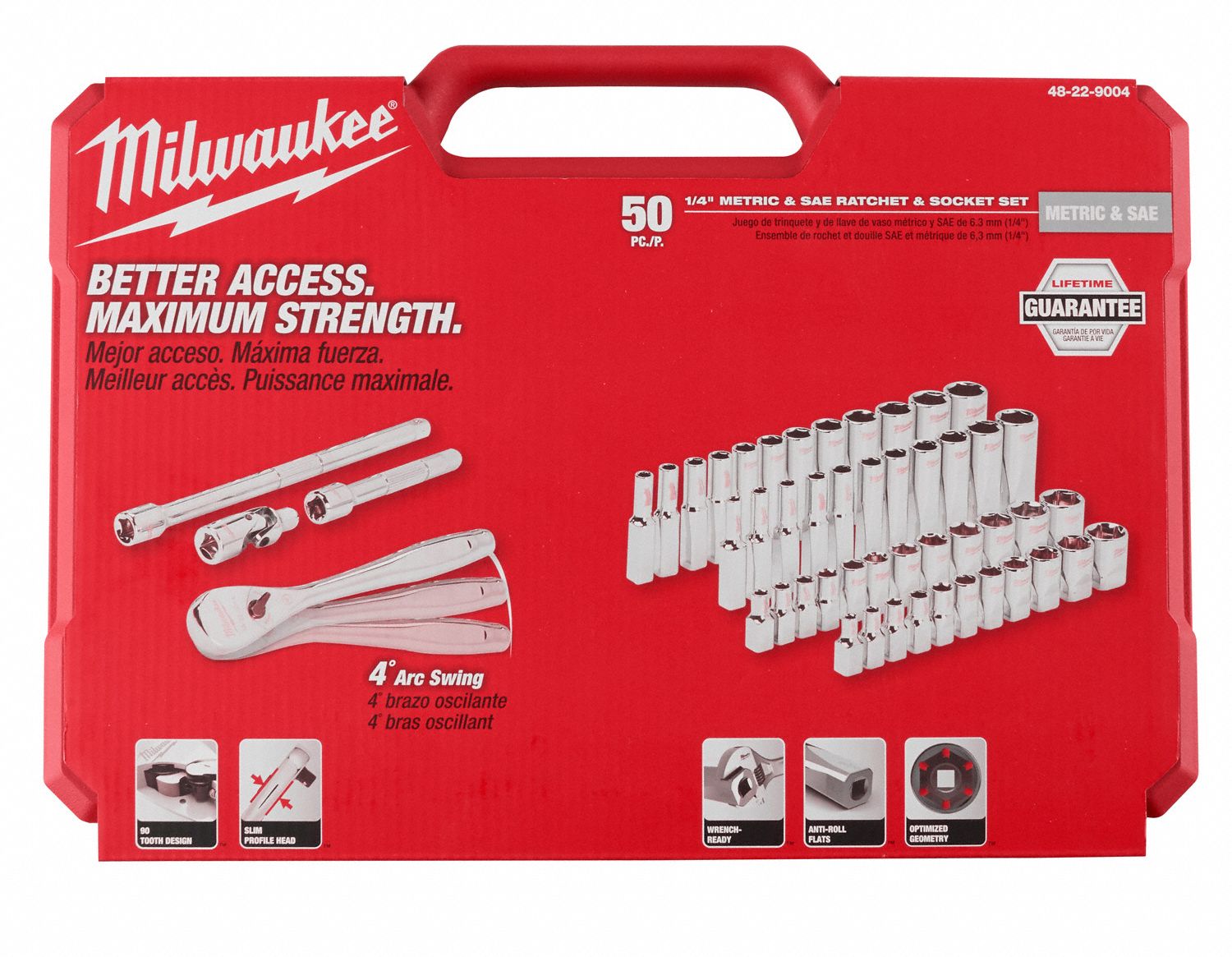 MILWAUKEE Socket Wrench Set 1/4 in Drive Size, 50 Pieces, (25) 6Point
