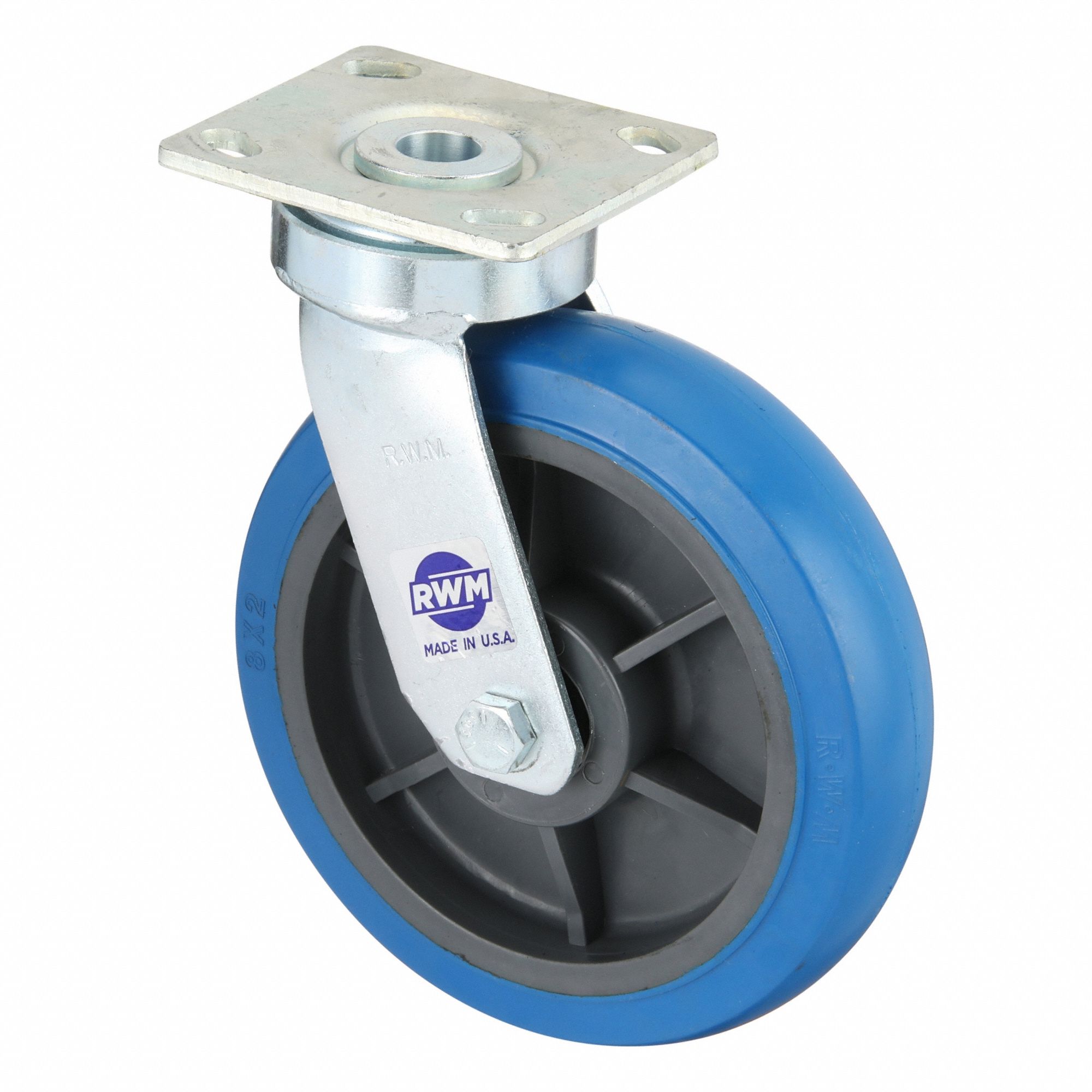 Plate Caster: Swivel, No Brake, Rubber, 8 in Wheel Dia., 2 in Wheel Wd, 9 1/2 in Mounting Ht