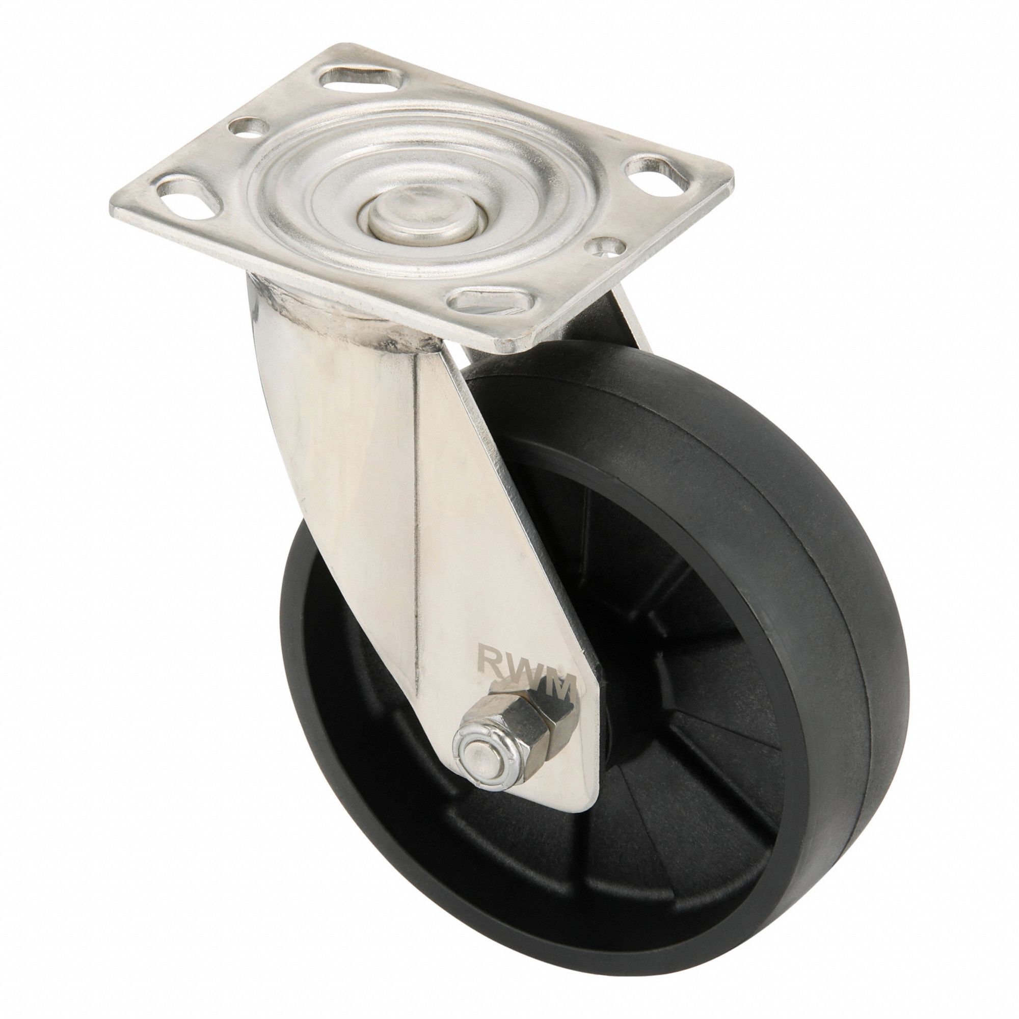 Plate Caster: Maint Free, Swivel, Nylon, 6 in Wheel Dia, 2 in Wheel Wd, 7 1/2 in Mounting Ht