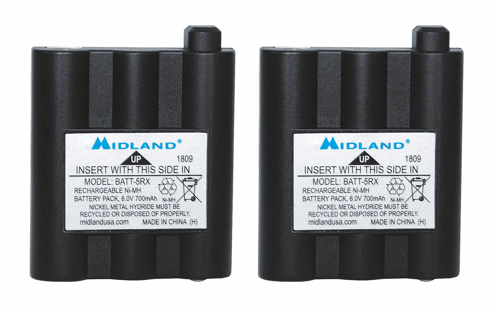 Battery Pack: Fits Midland Radio Brand, Nickel-Metal Hydride, 2 PK