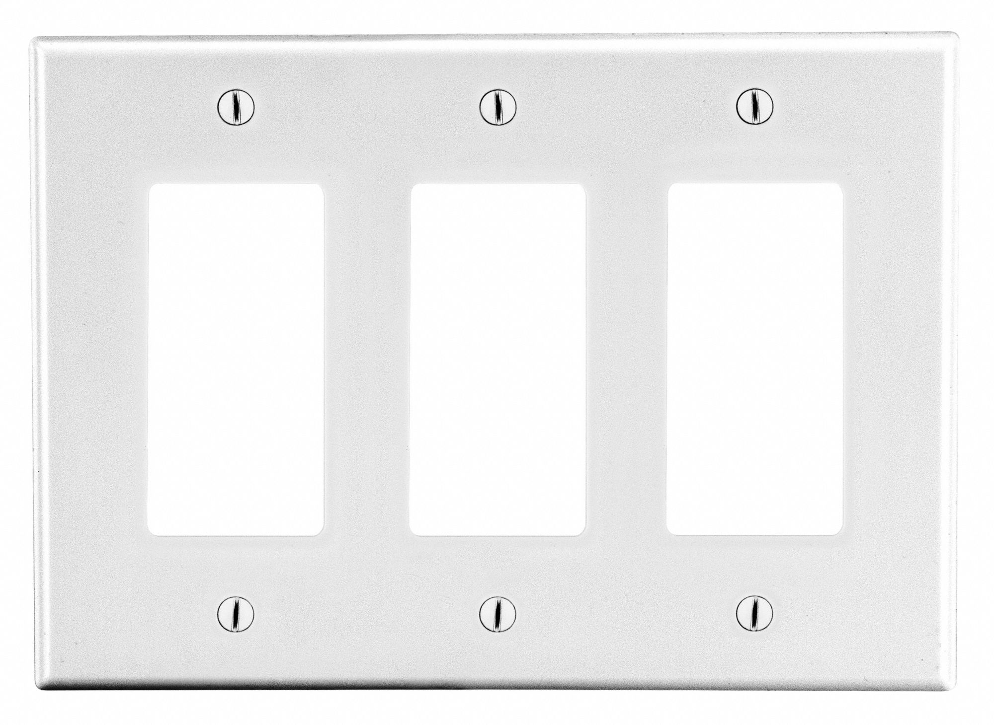 Rocker Wall Plate: Decorator-Rocker, Plastic, White, 3 Outlet Openings, 3 Switch Openings