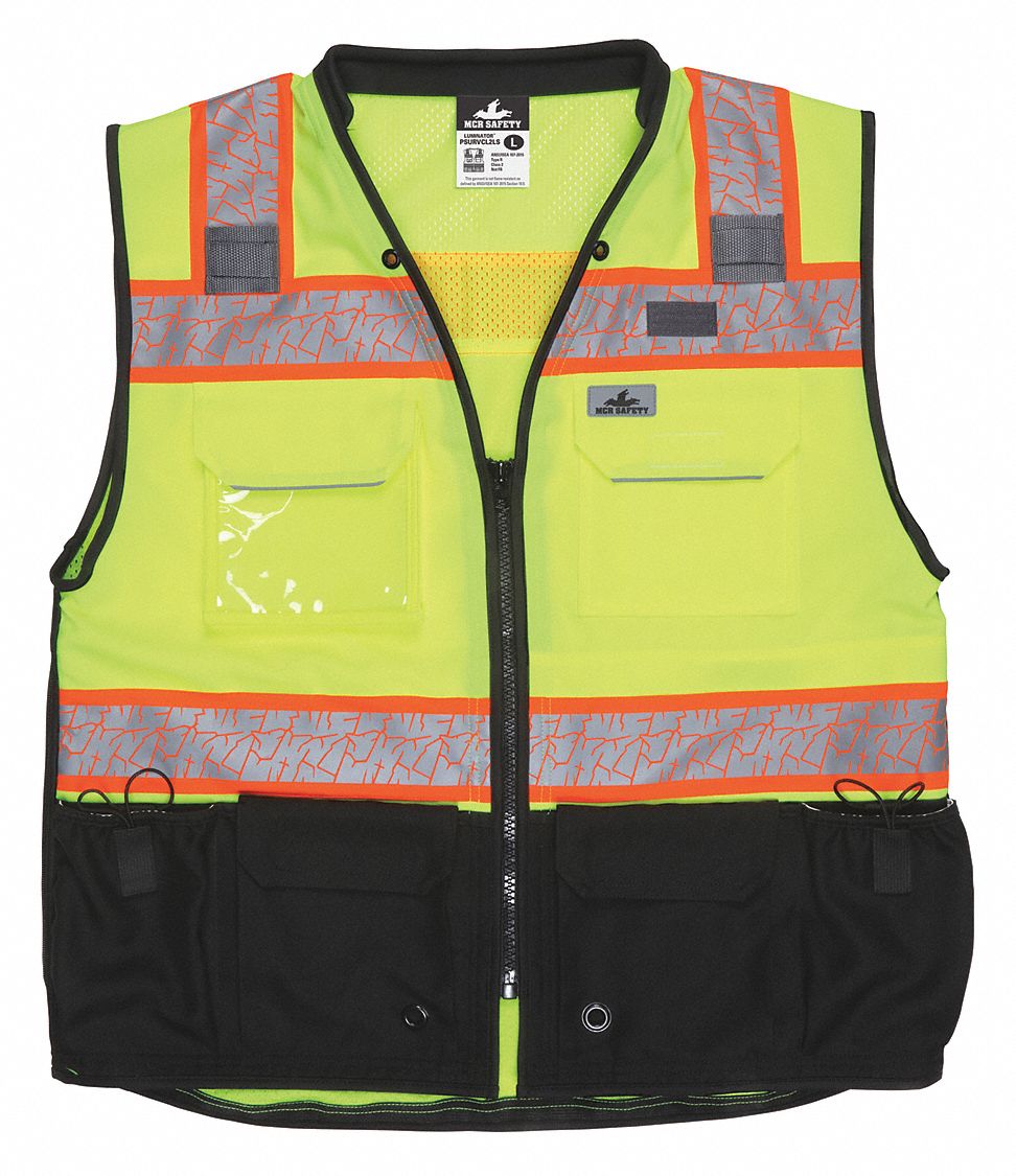 MCR SAFETY, ANSI Class 2, U, High Visibility Vest 55KX33PSURVCL2LSL