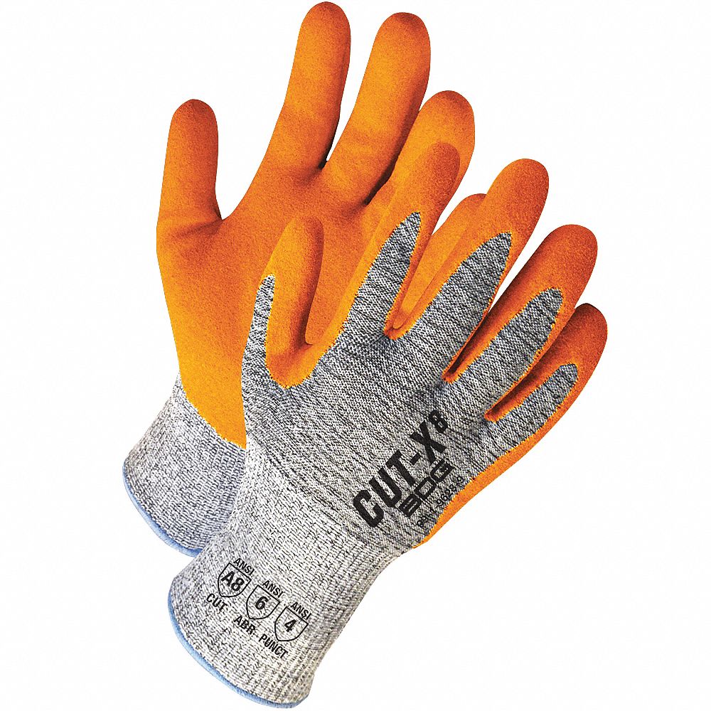 GLOVES, ANSI CUT LVL A8/PNCTR LVL 4/ABRSN LVL 6, 7/SM, 11 IN L, GREY/ORANGE, HPPE/NITRILE, PR