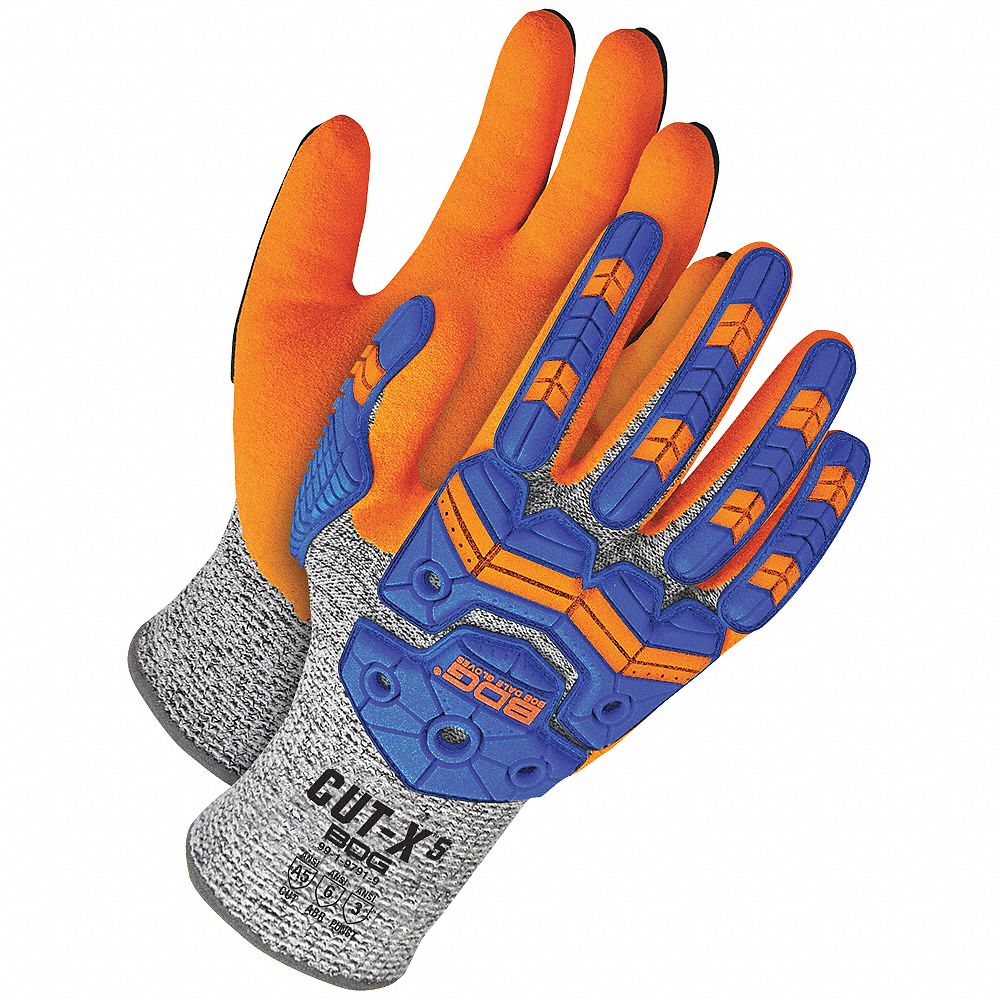 CUT- & IMPACT-RESISTANT GLOVES, SZ 8/MED, GREY/ORANGE, KNIT/SANDY NITRILE/HPPE, PAIR