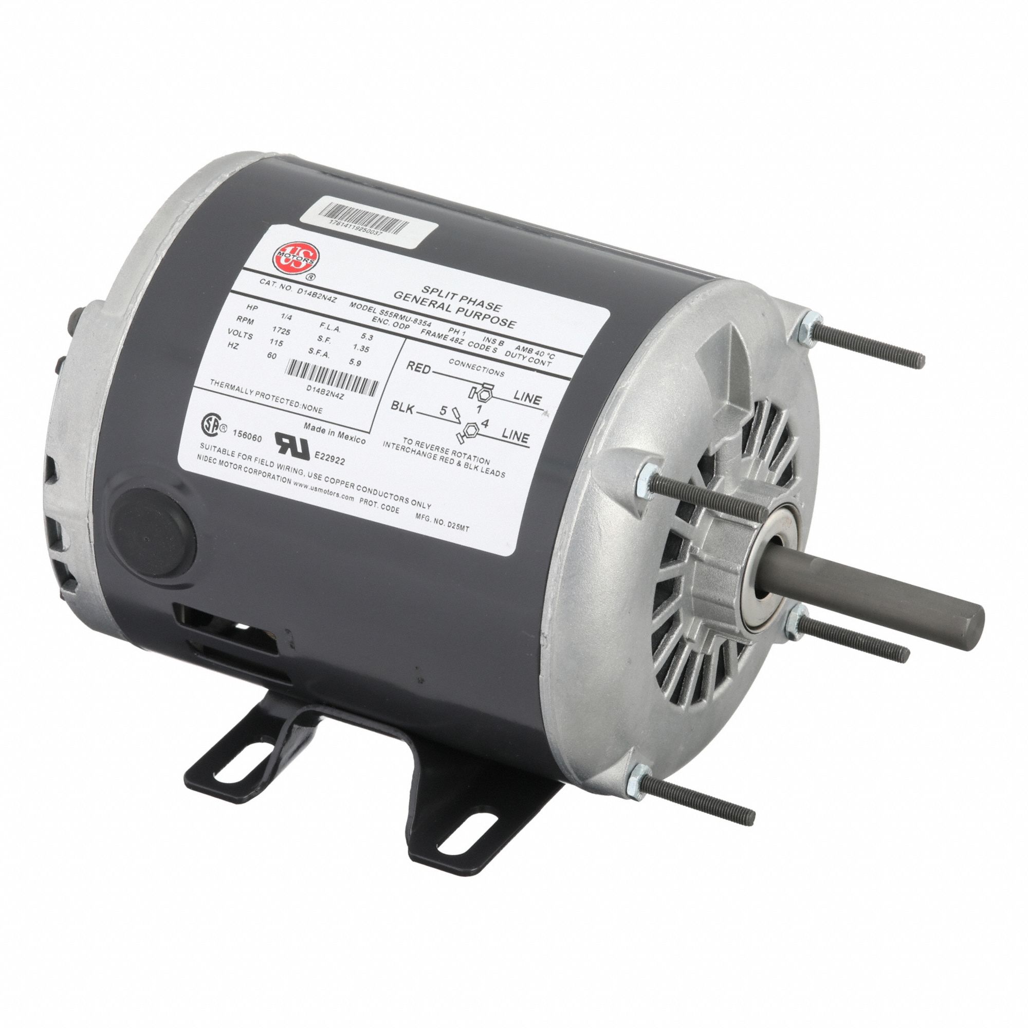 General Purpose Motor: Single Phase, 1/4 hp, 115V AC, 48Z Frame Size, 1/2 in x 2 3/8 in