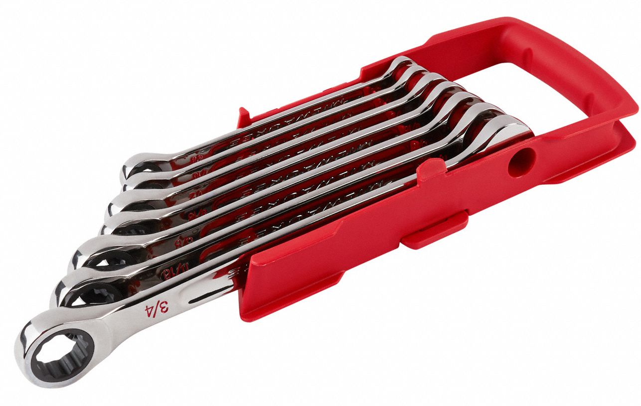 MILWAUKEE Ratcheting Combination Wrench Set Alloy Steel, Chrome, 7
