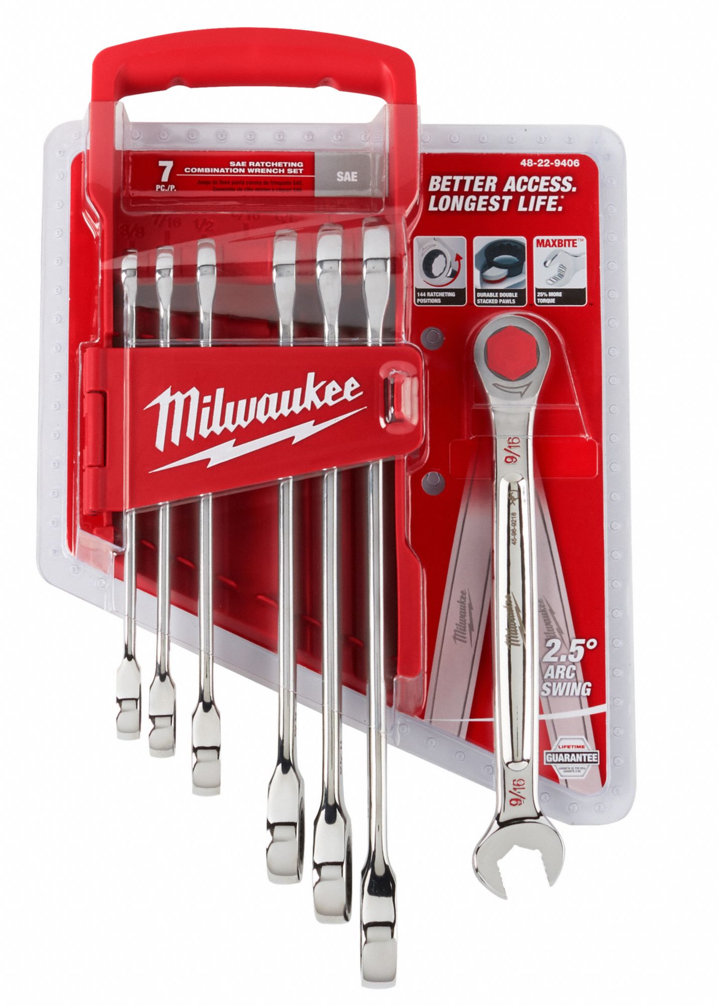 MILWAUKEE Ratcheting Combination Wrench Set Alloy Steel, Chrome, 7