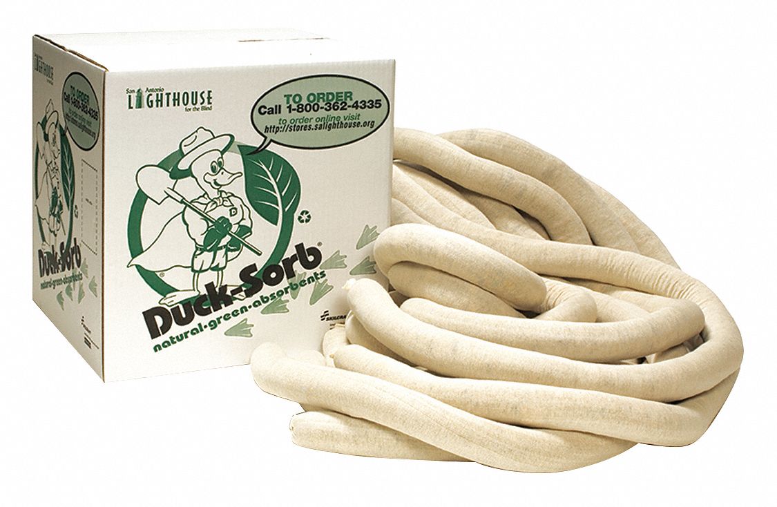 Sorbent Sock: 3 in Dia, 8 ft Lg, 10 gal, No Connector, White