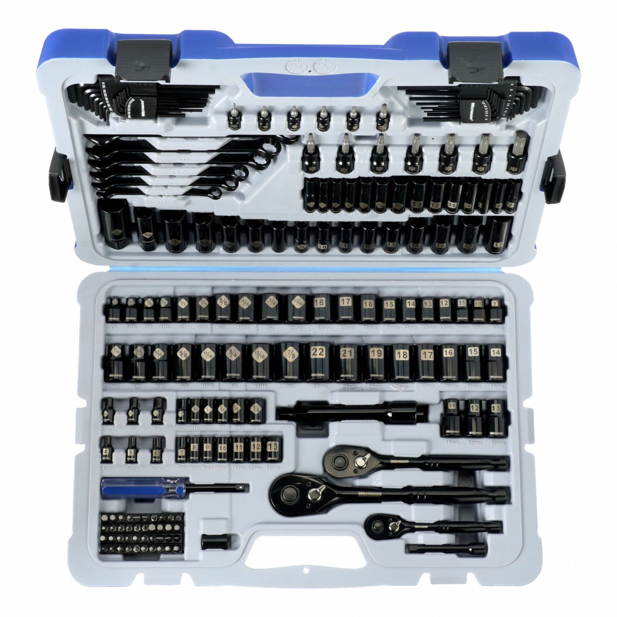 Socket Wrench Set: 1/4 in, 3/8 in, 1/2 in Drive, 183 Piece, 6-Point, Metric/SAE