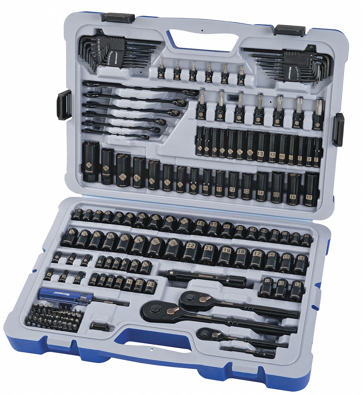 WESTWARD Socket Wrench Set: 1/4 in_3/8 in_1/2 in Drive Size, 183 Pieces,  (58) 6-Point, (28) 6-Point