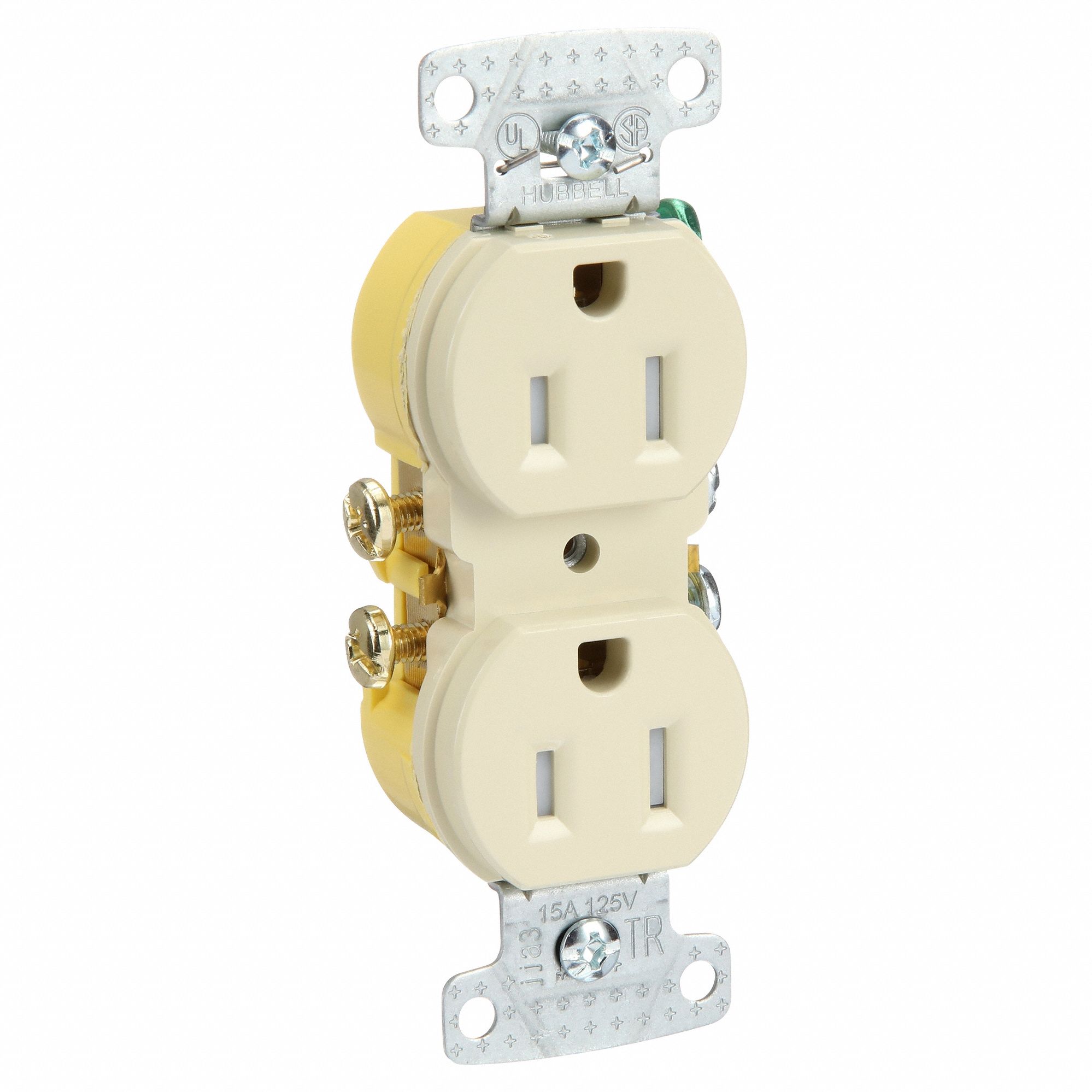 Receptacle: Duplex, Ivory, 5-15R, 15 A, 125V AC, 2 Pole / 3 Wire, Push In, Gen Use