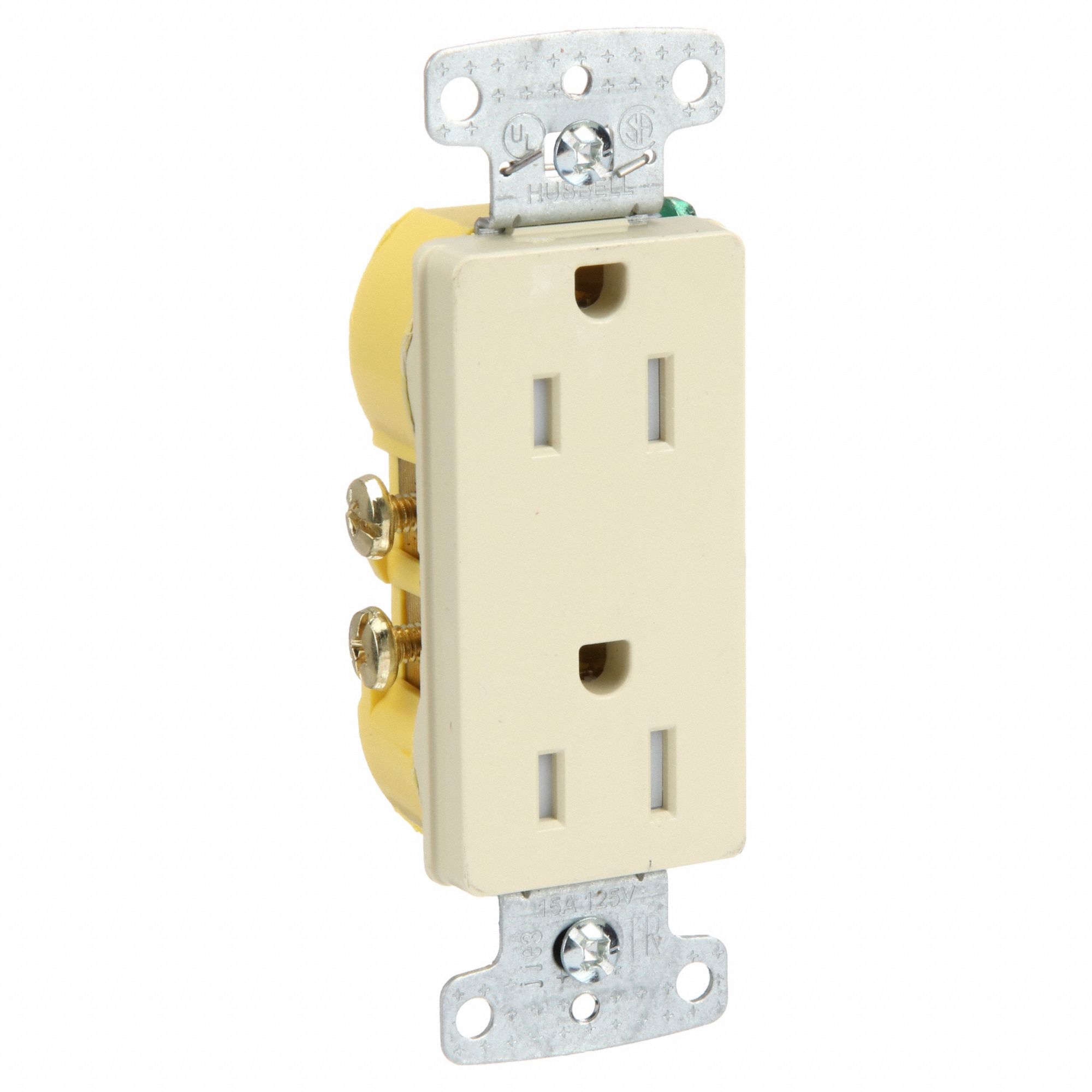 Receptacle: Decorator Duplex, Ivory, 5-15R, 15 A, 125V AC, 2 Pole / 3 Wire, Push In, Gen Use