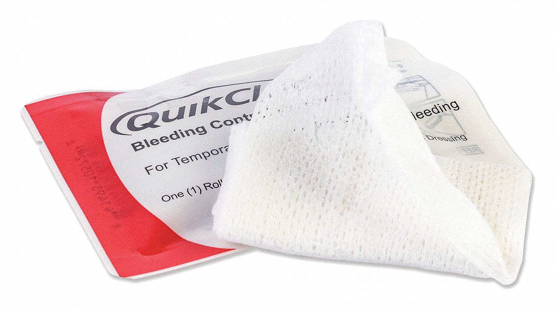 Bleeding Control Dressing: Sterile, White, Cotton, Pouch, 3 in Wd, 1 19/64 yd Lg