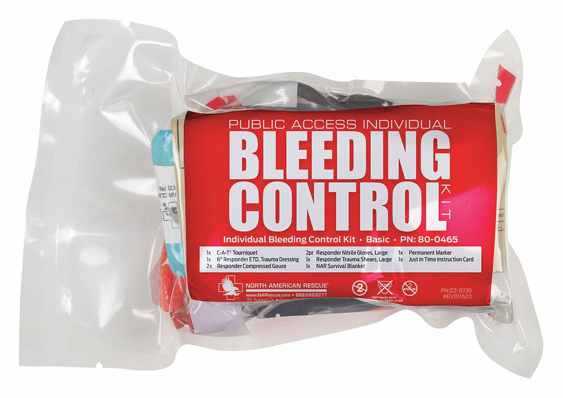 Bleeding Control Kit: Plastic Bag, 1 People Served, 10 Components, 0 Pockets