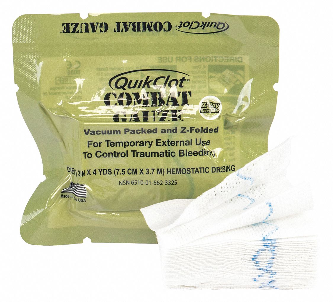 Combat Gauze: Sterile, Green, Cotton, Pouch, 3 in Wd, 4 yd Lg, EN ISO 13485:2016