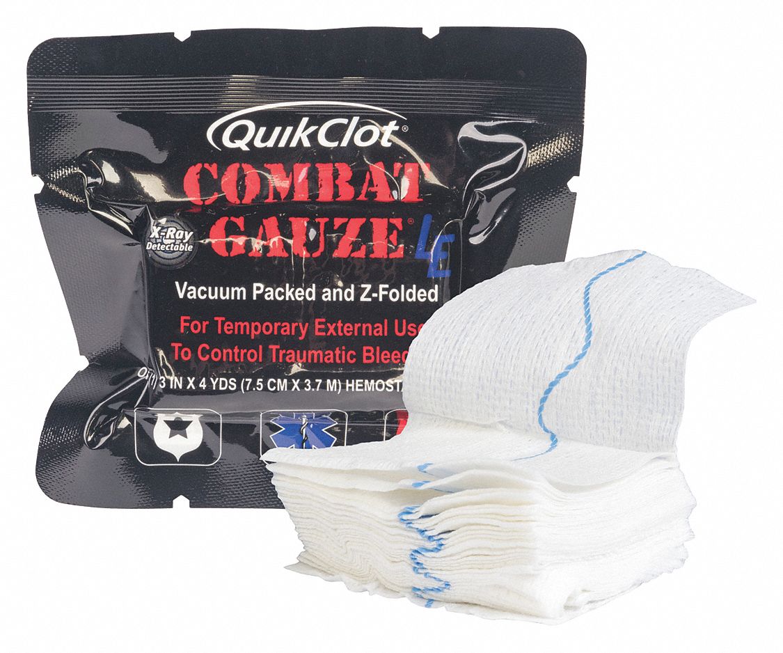 Combat Gauze: Sterile, Black, Cotton, Pouch, 3 in Wd, 4 yd Lg, EN ISO 13485:2016